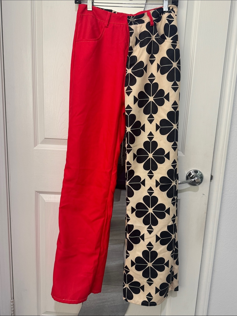 Two-Tone Red and Black Floral Wide-Leg Pants